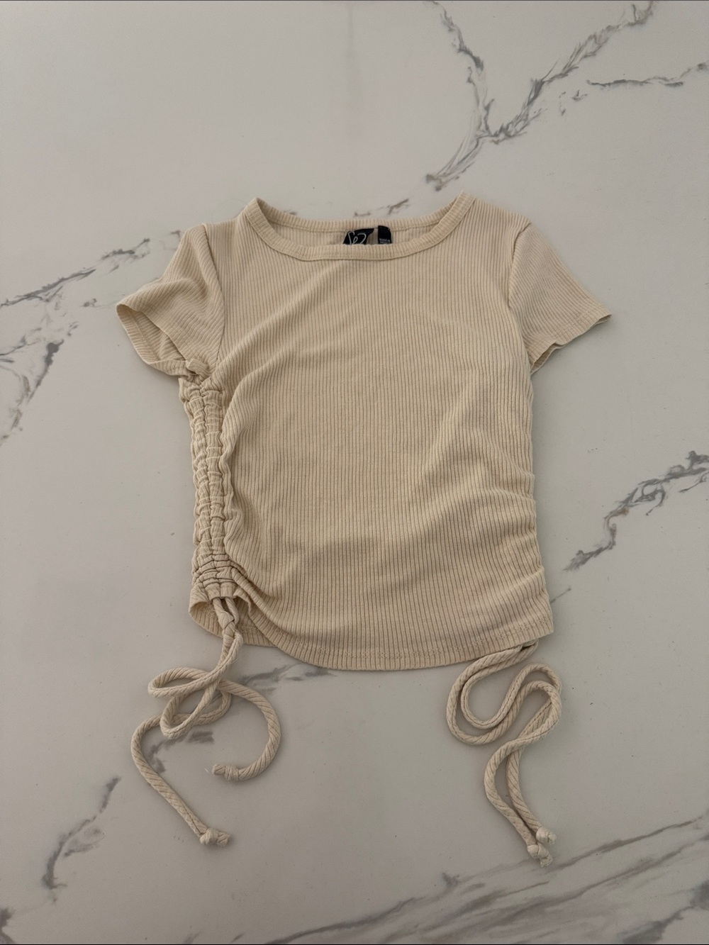 Windsor Cream Ribbed Drawstring Side-Tie Crop Top